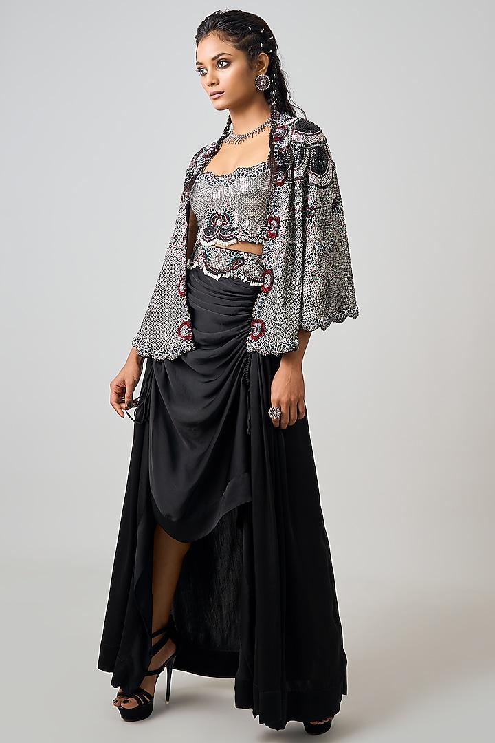 Black Crepe & Georgette Hand Embroidered Cape Set by Nupur Kanoi