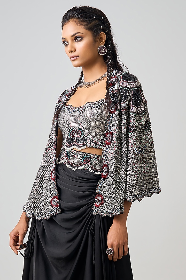 Black Crepe & Georgette Hand Embroidered Cape Set by Nupur Kanoi at Pernia's Pop Up Shop