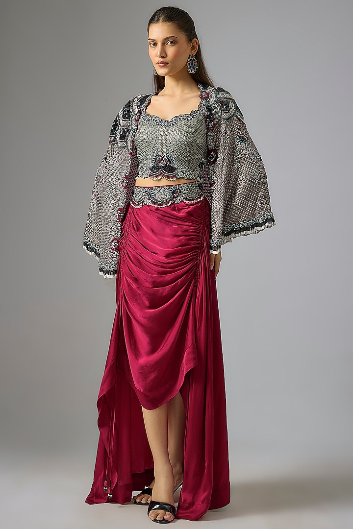 Burgundy Satin Skirt Set by Nupur Kanoi at Pernia's Pop Up Shop