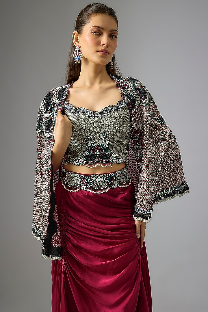 Burgundy Satin Skirt Set by Nupur Kanoi at Pernia's Pop Up Shop