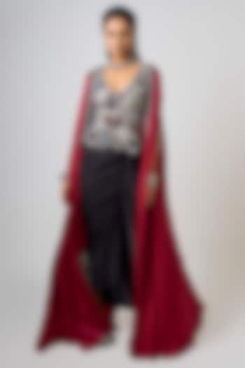 Burgundy Satin Floral Hand Embroidered Slit Cape Set by Nupur Kanoi