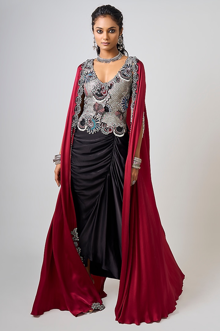 Burgundy Satin Floral Hand Embroidered Slit Cape Set by Nupur Kanoi