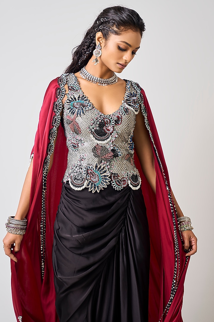 Burgundy Satin Floral Hand Embroidered Slit Cape Set by Nupur Kanoi at Pernia's Pop Up Shop