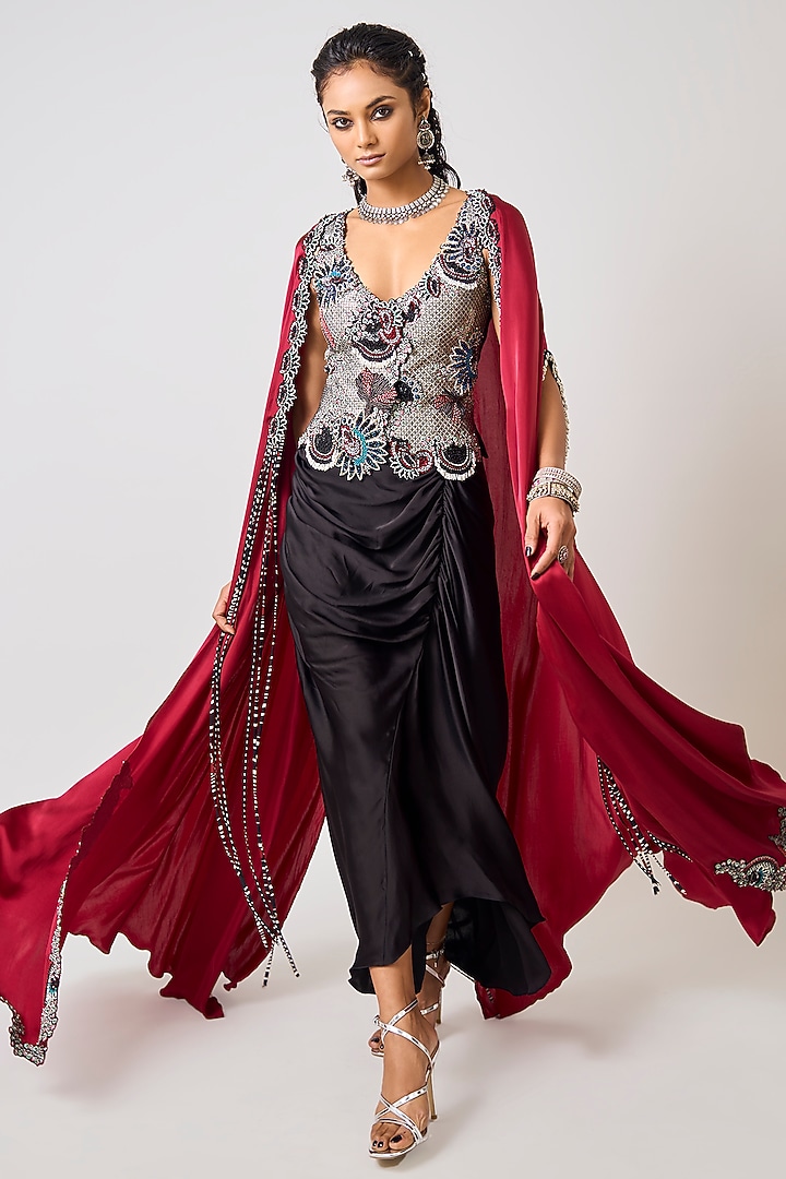 Burgundy Satin Floral Hand Embroidered Slit Cape Set by Nupur Kanoi at Pernia's Pop Up Shop