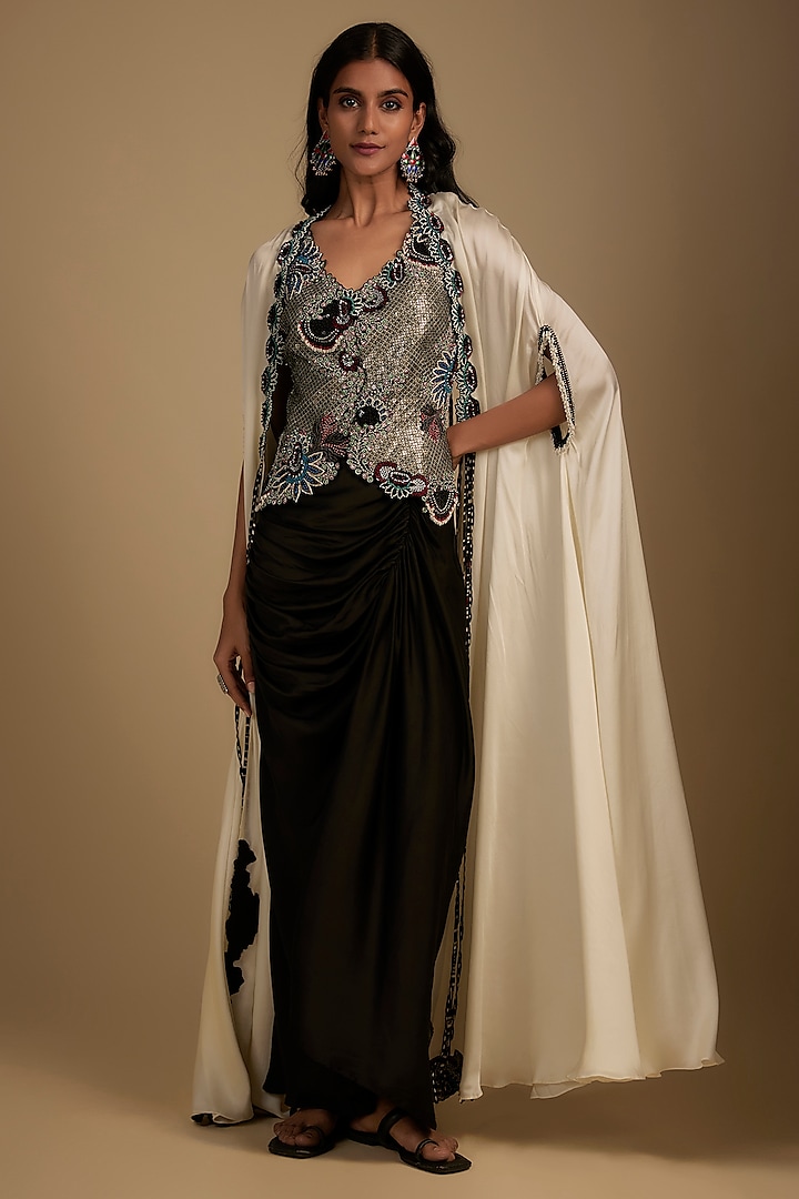 Black Satin Drawstring Skirt Set by Nupur Kanoi at Pernia's Pop Up Shop