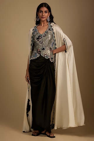 Black Satin Drawstring Skirt Set by Nupur Kanoi