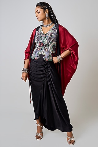 Burgundy Satin Hand Embroidered Gathered Cape Set by Nupur Kanoi