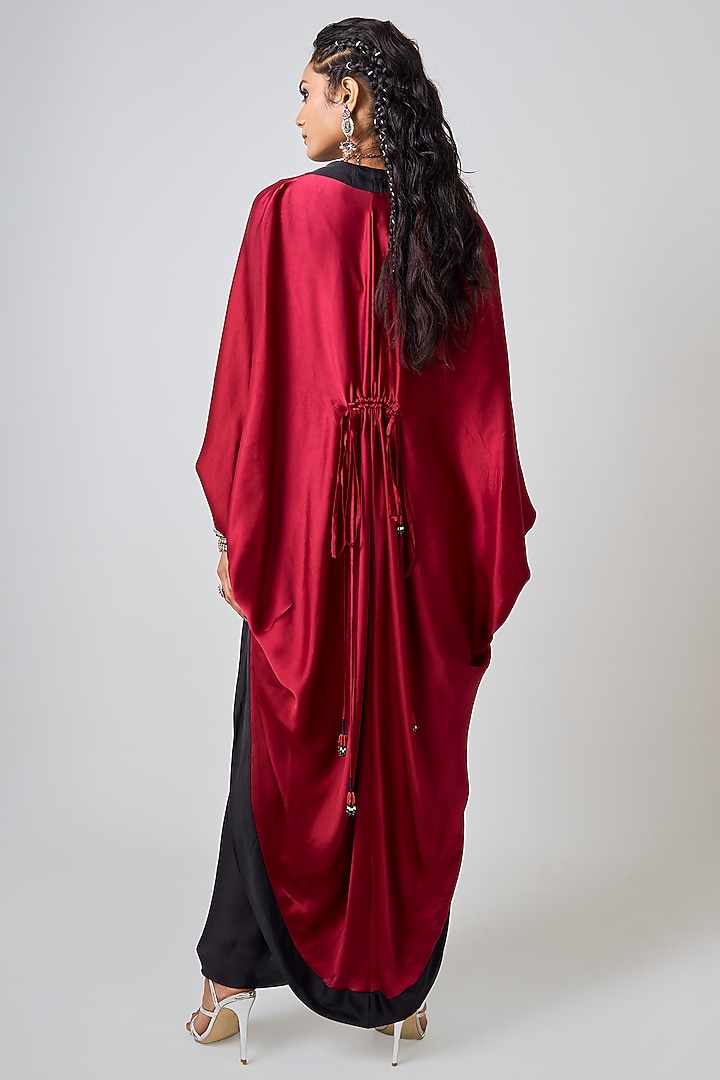Burgundy Satin Hand Embroidered Gathered Cape Set by Nupur Kanoi at Pernia's Pop Up Shop