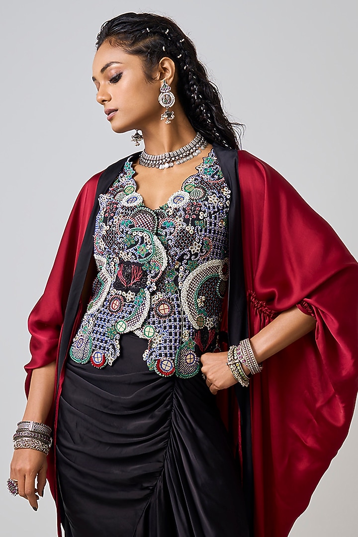 Burgundy Satin Hand Embroidered Gathered Cape Set by Nupur Kanoi at Pernia's Pop Up Shop