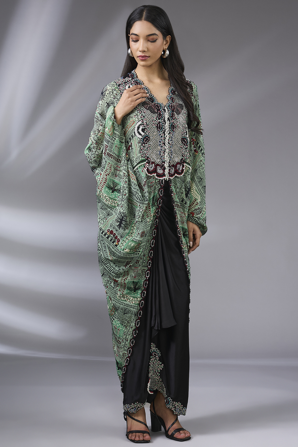 Mint Crepe Hand Embroidered Long Jacket Set by Nupur Kanoi at Pernia's Pop Up Shop