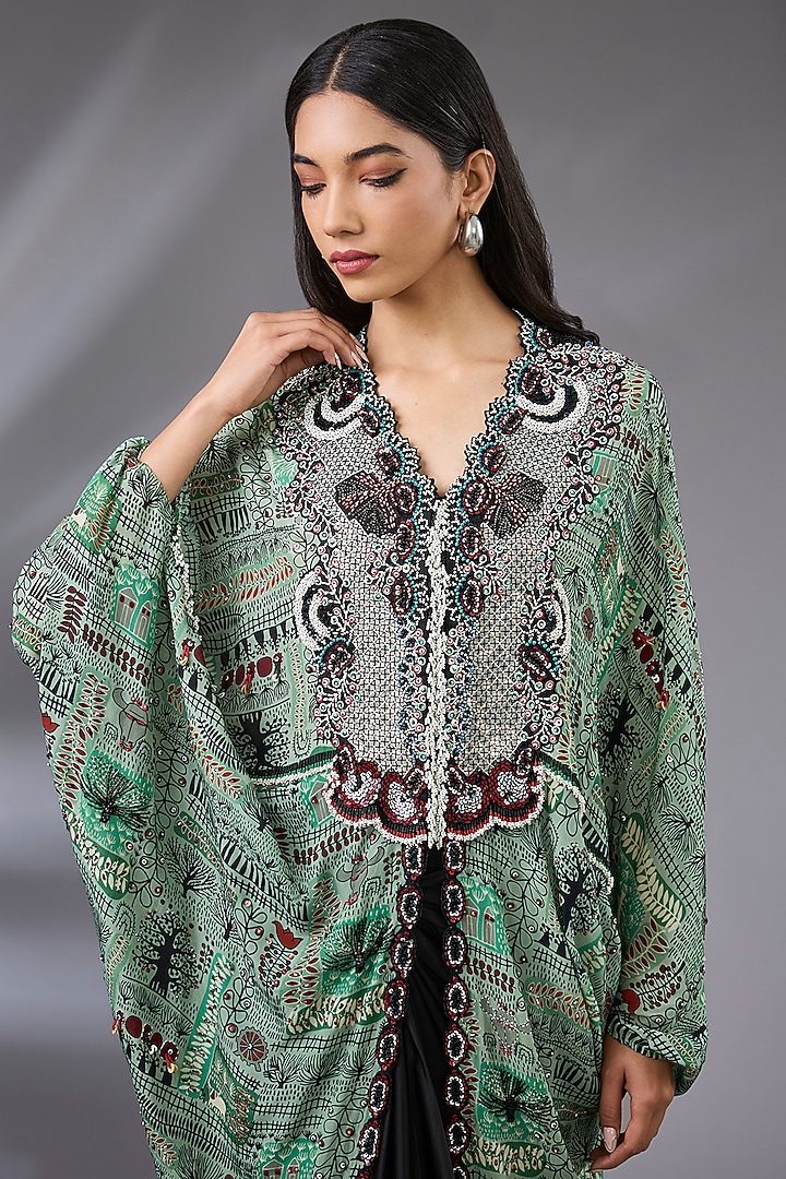 Mint Crepe Hand Embroidered Long Jacket Set by Nupur Kanoi at Pernia's Pop Up Shop