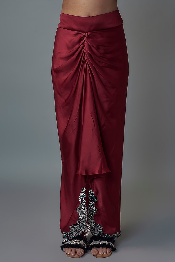 Burgundy Satin Pick-Up Skirt Set by Nupur Kanoi at Pernia's Pop Up Shop