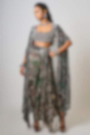 Black Crepe & Georgette Printed Cowl Skirt Set by Nupur Kanoi at Pernia's Pop Up Shop