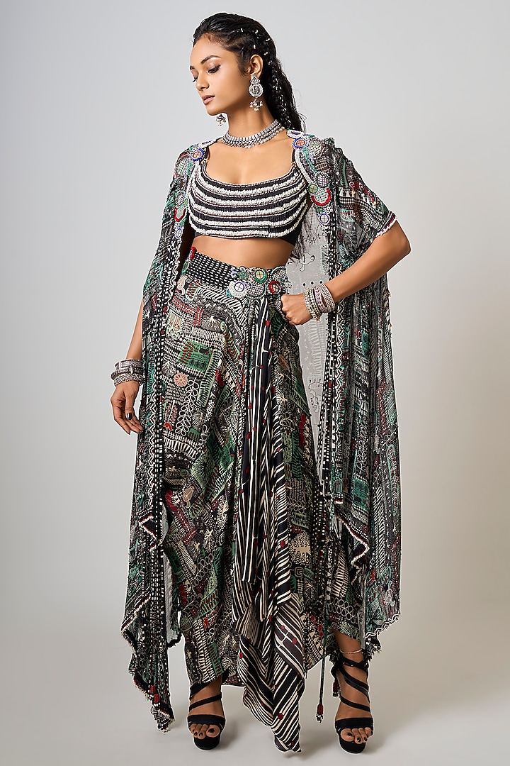 Black Crepe & Georgette Printed Cowl Skirt Set by Nupur Kanoi at Pernia's Pop Up Shop