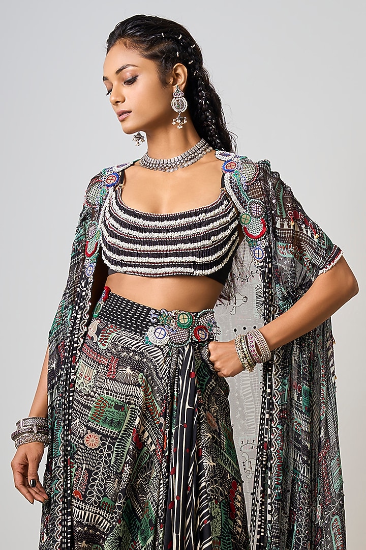 Black Crepe & Georgette Printed Cowl Skirt Set by Nupur Kanoi at Pernia's Pop Up Shop