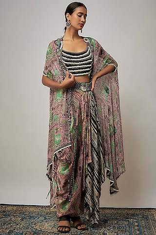 Old Rose Satin Printed Cowl Skirt Set by Nupur Kanoi