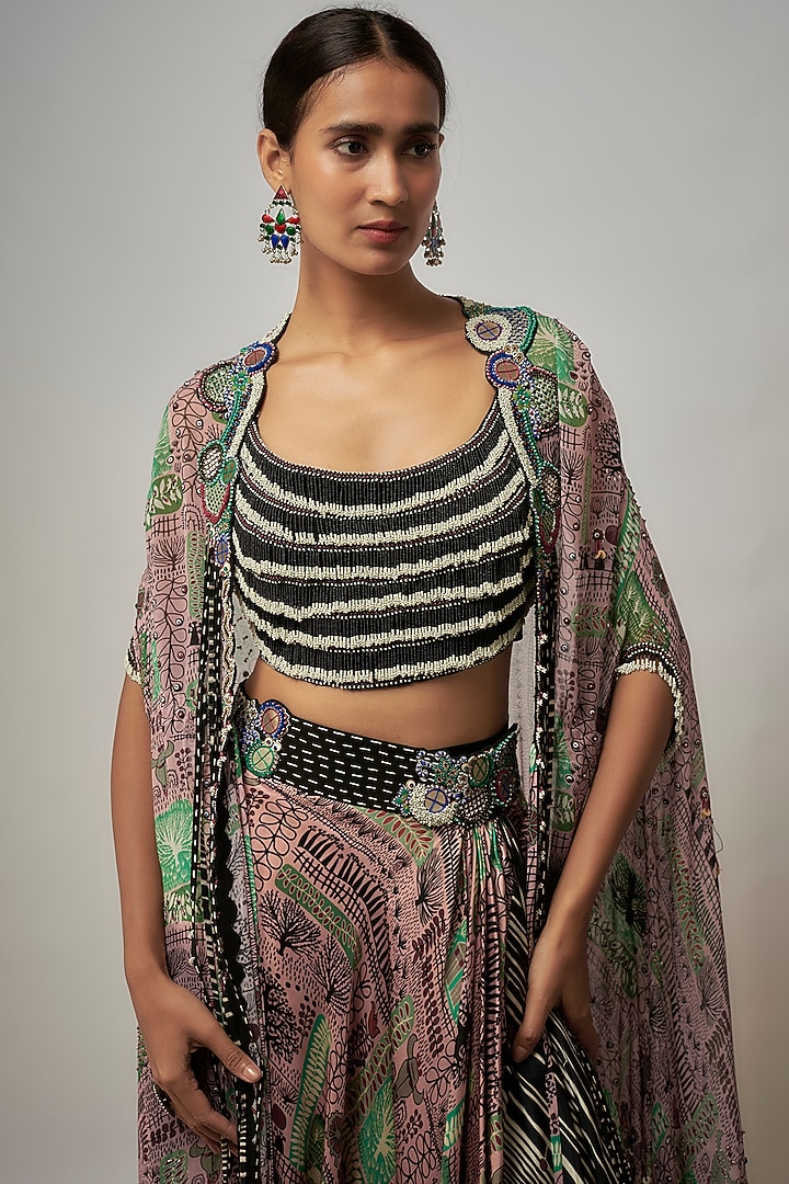 Old Rose Satin Printed Cowl Skirt Set by Nupur Kanoi at Pernia's Pop Up Shop