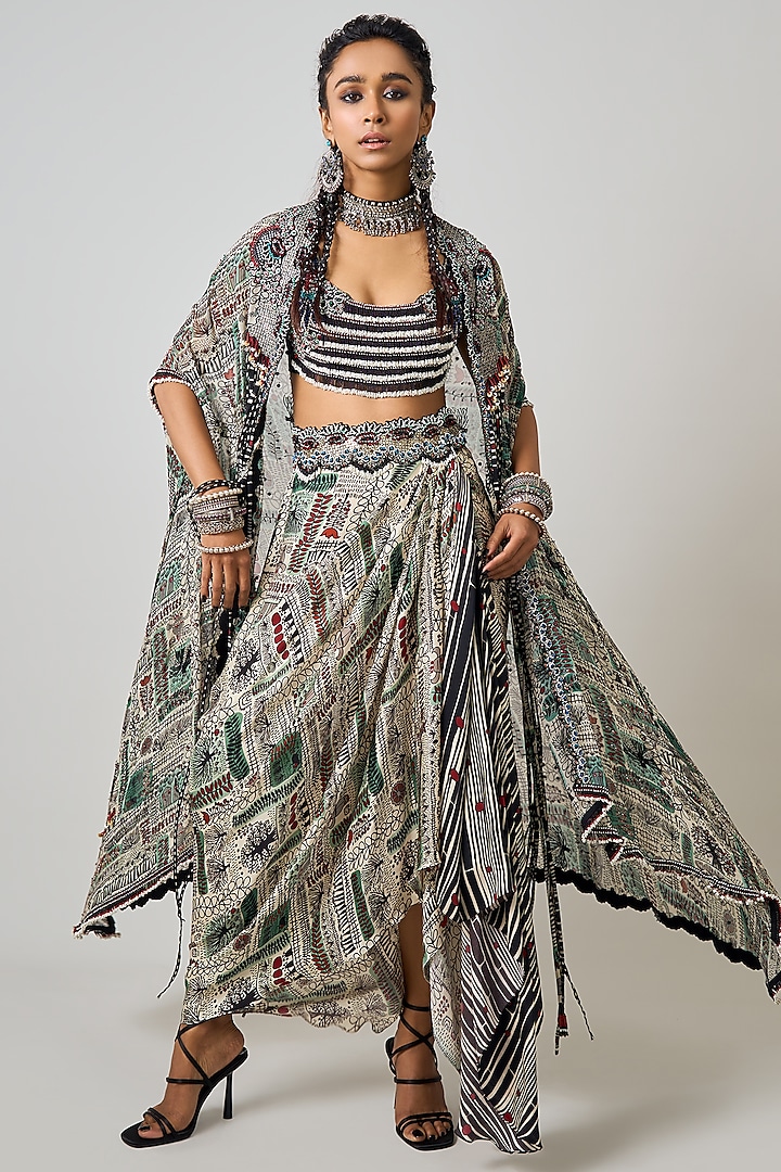 Off-White Crepe & Georgette Printed Cowl Skirt Set by Nupur Kanoi at Pernia's Pop Up Shop