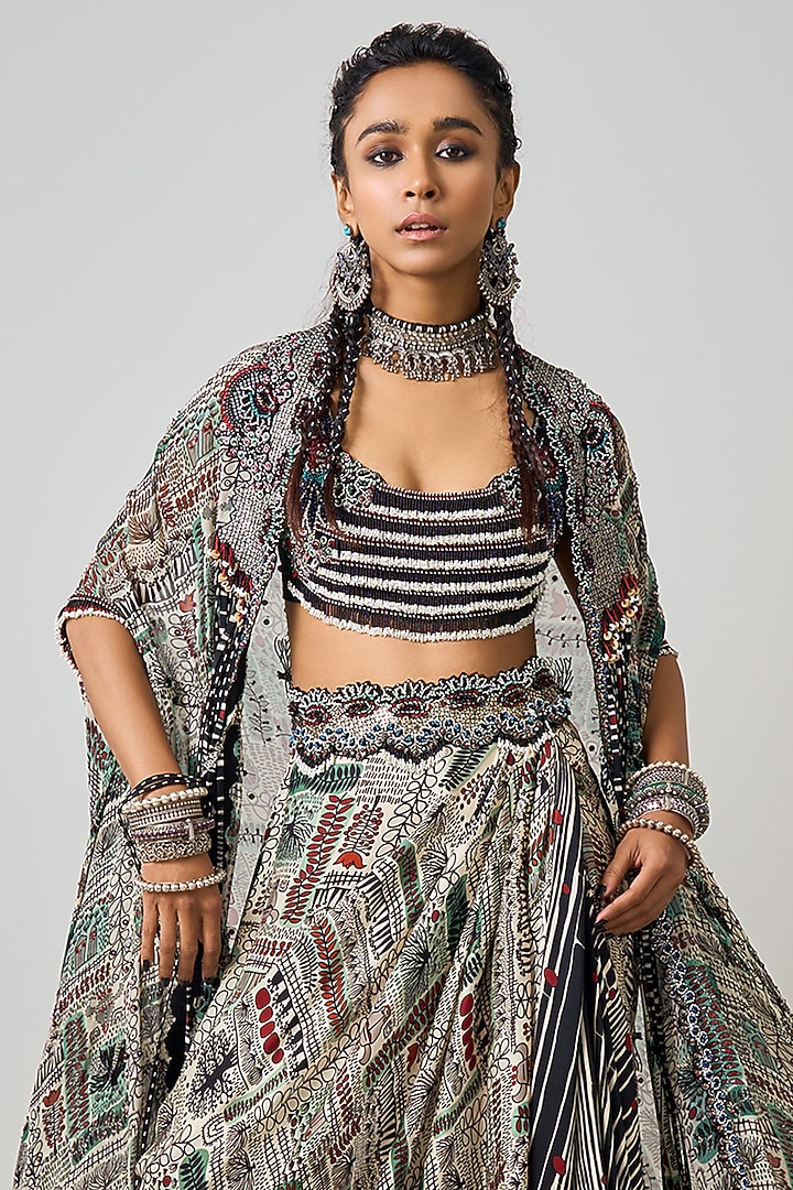 Off-White Crepe & Georgette Printed Cowl Skirt Set by Nupur Kanoi at Pernia's Pop Up Shop