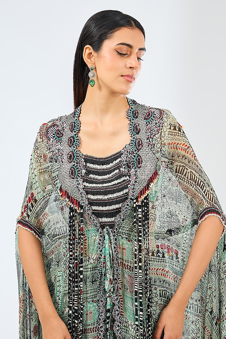 Mint Georgette Digital Printed & Hand Embroidered Cape Set by Nupur Kanoi at Pernia's Pop Up Shop