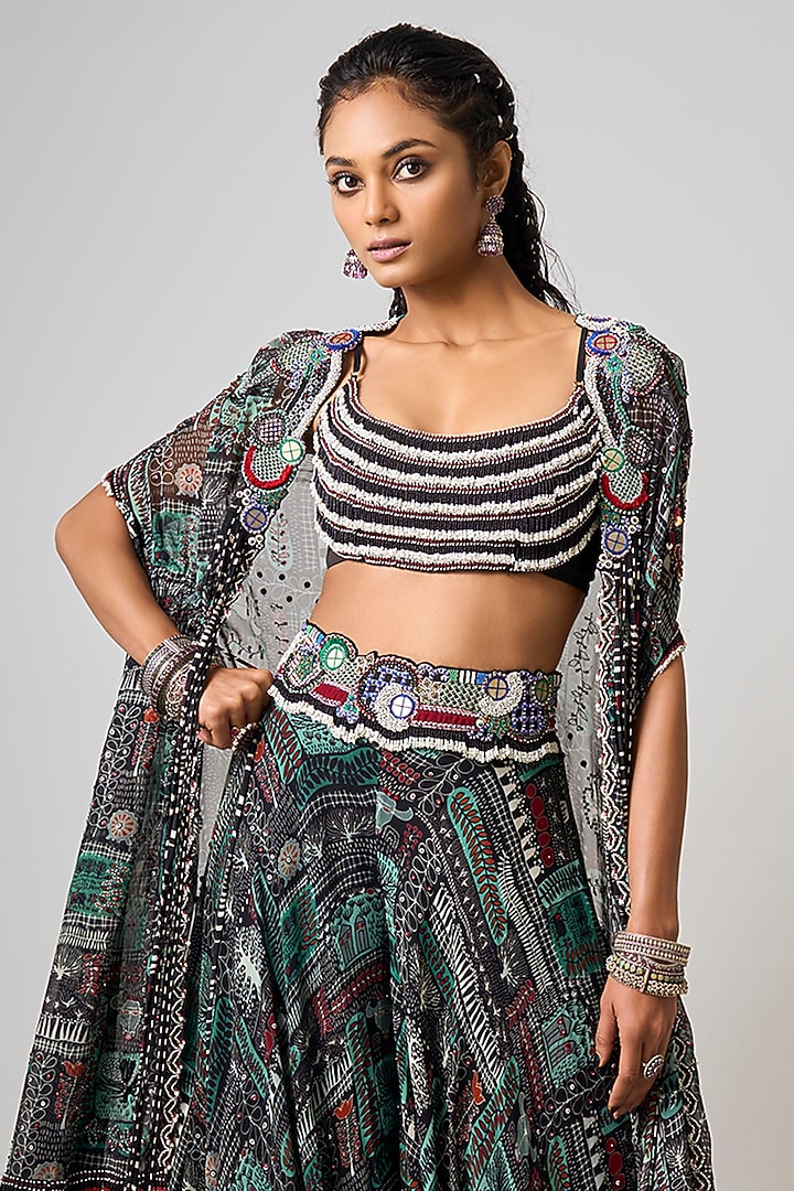 Black Crepe & Georgette Printed Cape Set by Nupur Kanoi at Pernia's Pop Up Shop
