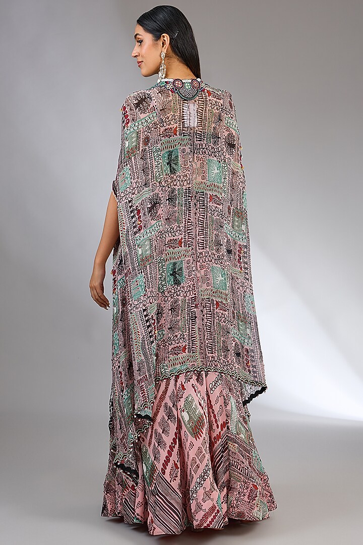 Old Rose Georgette Printed & Hand Embroidered Jacket Wedding Lehenga Set by Nupur Kanoi at Pernia's Pop Up Shop