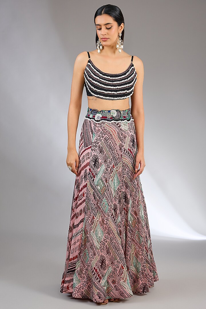 Old Rose Georgette Printed & Hand Embroidered Jacket Wedding Lehenga Set by Nupur Kanoi at Pernia's Pop Up Shop
