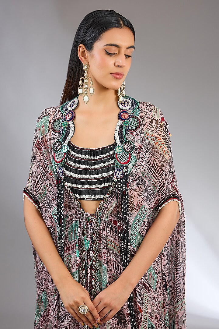 Old Rose Georgette Printed & Hand Embroidered Jacket Wedding Lehenga Set by Nupur Kanoi at Pernia's Pop Up Shop