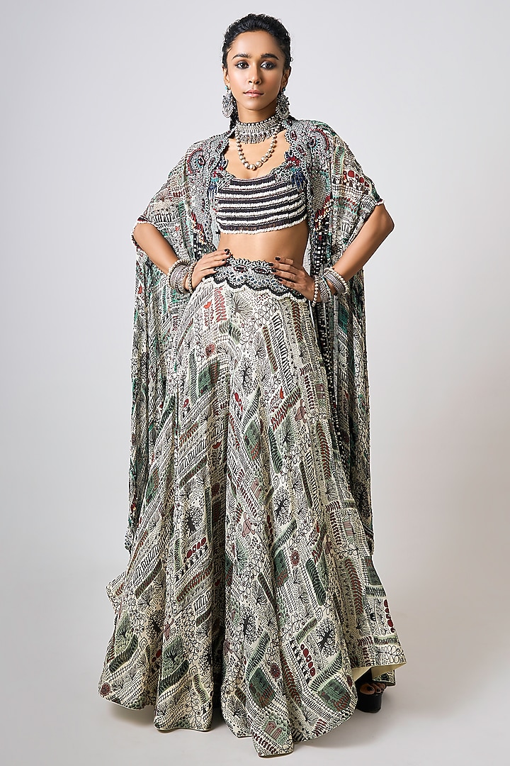 Off-White Crepe Printed & Hand Embroidered Cape Set by Nupur Kanoi