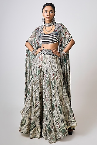 Off-White Crepe Printed & Hand Embroidered Cape Set by Nupur Kanoi