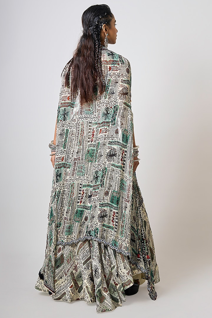 Off-White Crepe Printed & Hand Embroidered Cape Set by Nupur Kanoi at Pernia's Pop Up Shop