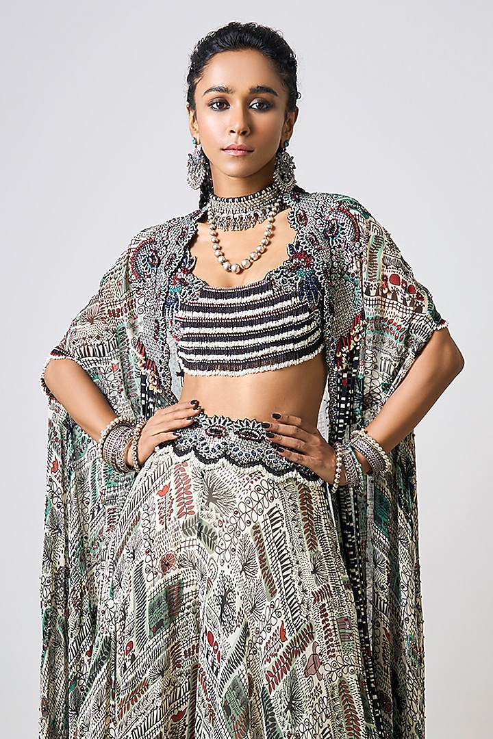 Off-White Crepe Printed & Hand Embroidered Cape Set by Nupur Kanoi at Pernia's Pop Up Shop