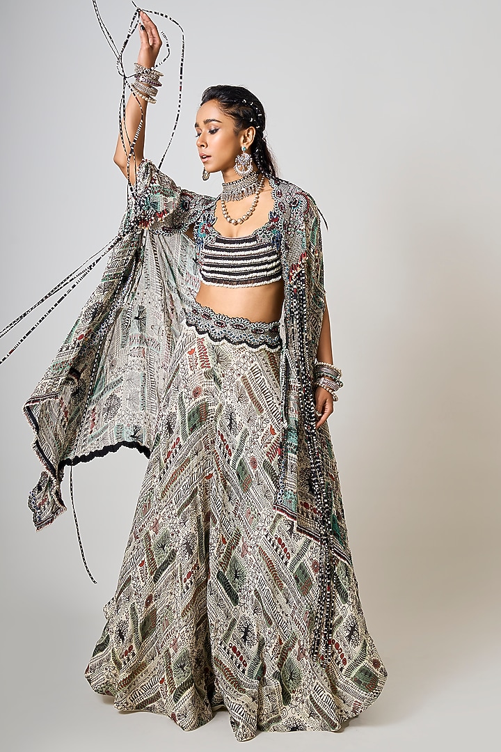 Off-White Crepe Printed & Hand Embroidered Cape Set by Nupur Kanoi at Pernia's Pop Up Shop