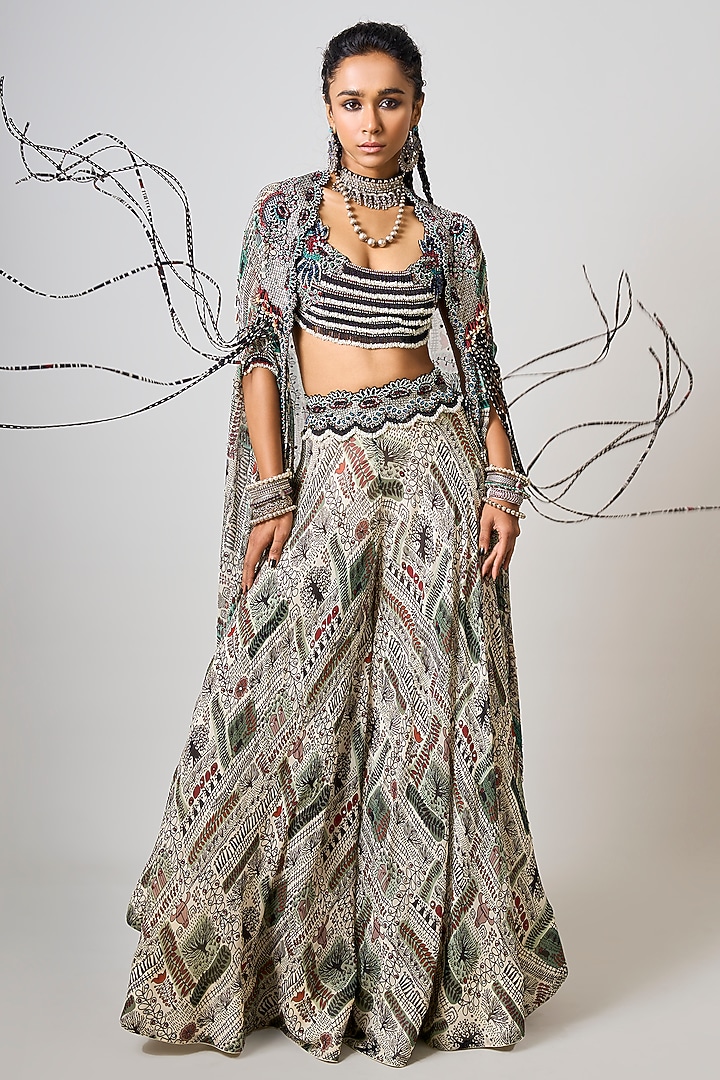 Off-White Crepe Printed & Hand Embroidered Cape Set by Nupur Kanoi at Pernia's Pop Up Shop