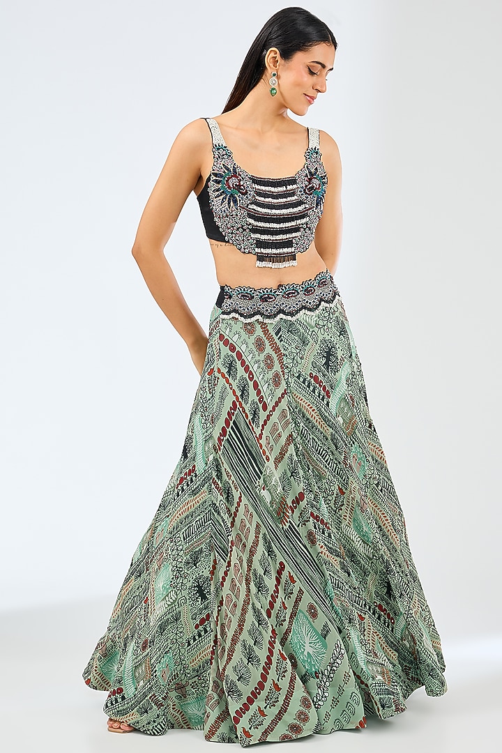 Mint Georgette & Satin Digital Printed Jacket Wedding Lehenga Set by Nupur Kanoi at Pernia's Pop Up Shop