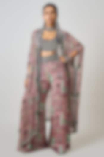 Old Rose Crepe Printed & Hand Embroidered Cape Set by Nupur Kanoi at Pernia's Pop Up Shop