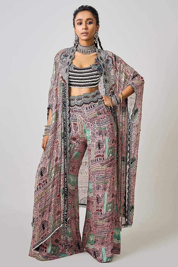 Old Rose Crepe Printed & Hand Embroidered Cape Set by Nupur Kanoi at Pernia's Pop Up Shop