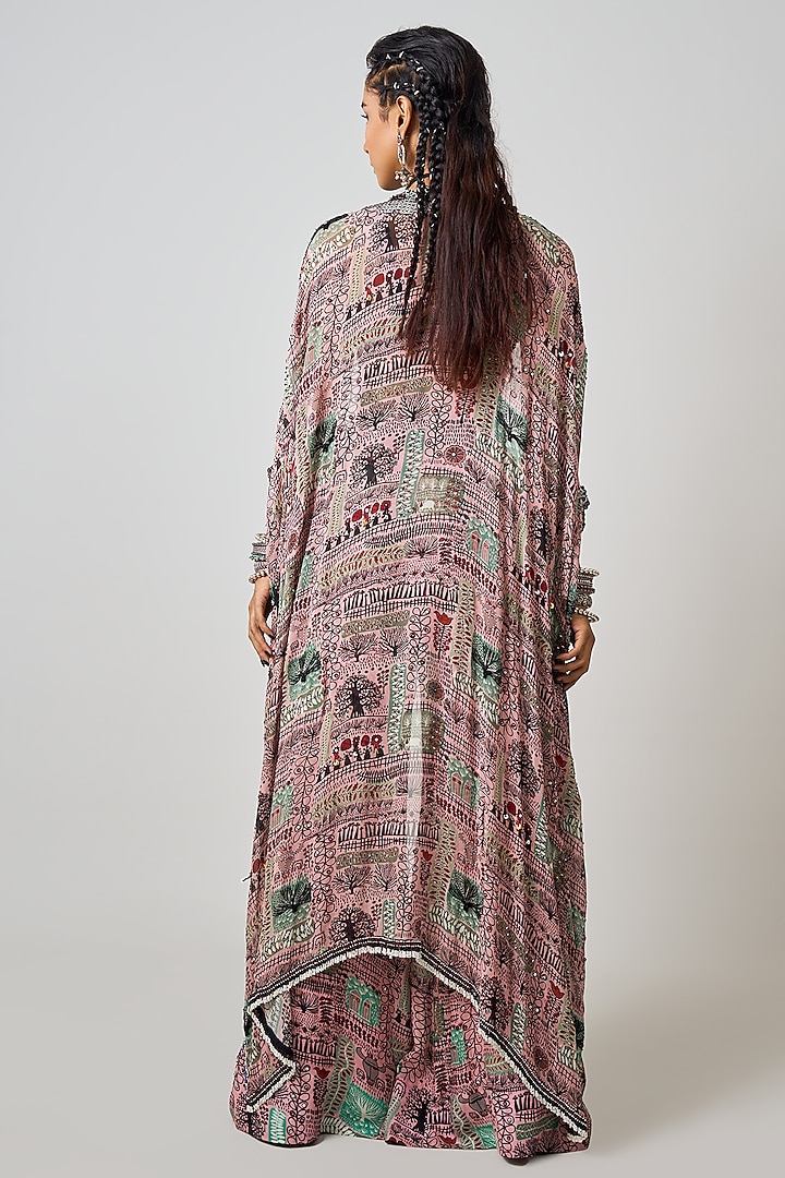 Old Rose Crepe Printed & Hand Embroidered Cape Set by Nupur Kanoi at Pernia's Pop Up Shop