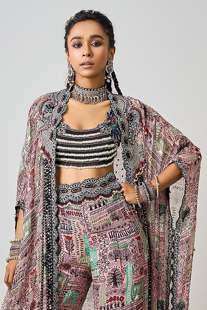 Old Rose Crepe Printed & Hand Embroidered Cape Set by Nupur Kanoi at Pernia's Pop Up Shop