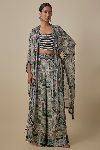 Ivory Crepe Printed A-Line Pant Set by Nupur Kanoi