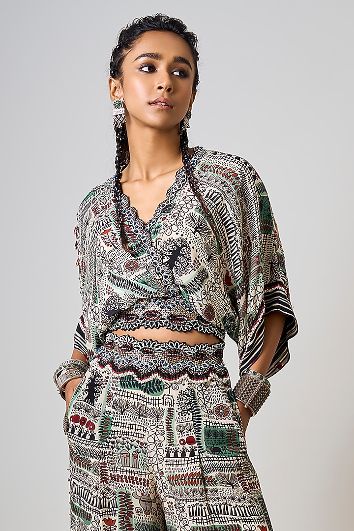 Off-White Crepe Printed & Hand Embroidered Co-Ord Set by Nupur Kanoi at Pernia's Pop Up Shop