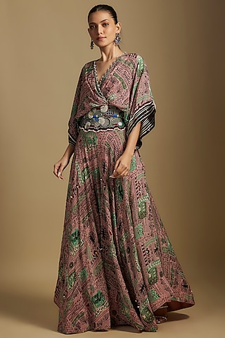 Old Rose Crepe Digital Printed Lehenga Set by Nupur Kanoi