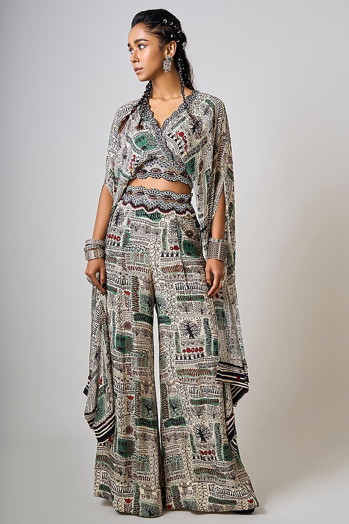 Off-White Crepe Printed & Hand Embroidered Co-Ord Set by Nupur Kanoi at Pernia's Pop Up Shop