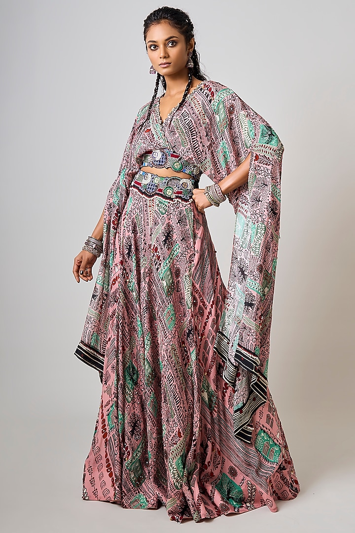 Old Rose Crepe Printed & Hand Embroidered Wedding Lehenga Set by Nupur Kanoi at Pernia's Pop Up Shop