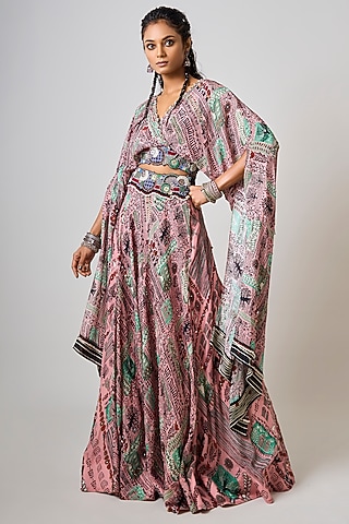 Old Rose Crepe Printed & Hand Embroidered Lehenga Set by Nupur Kanoi