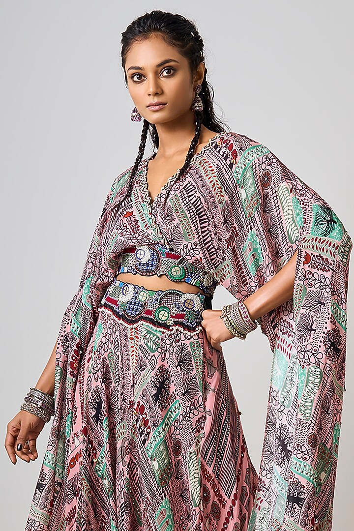 Old Rose Crepe Printed & Hand Embroidered Wedding Lehenga Set by Nupur Kanoi at Pernia's Pop Up Shop