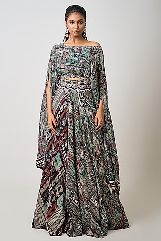Black Crepe Printed & Hand Embroidered Lehenga Set by Nupur Kanoi