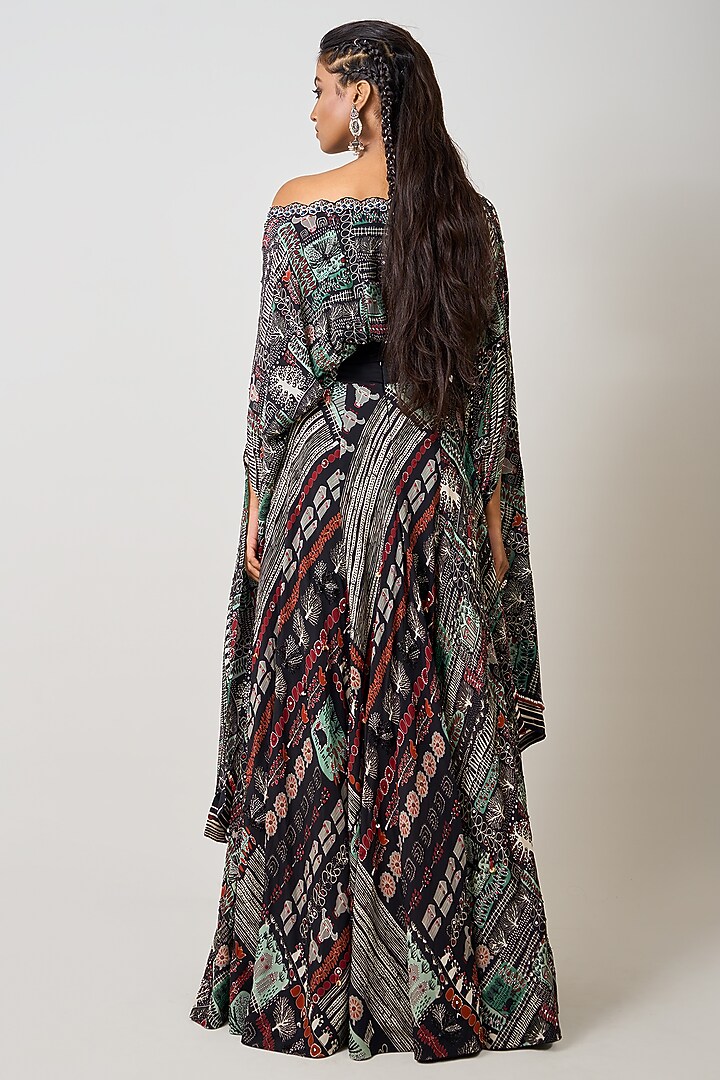 Black Crepe Printed & Hand Embroidered Wedding Lehenga Set by Nupur Kanoi at Pernia's Pop Up Shop