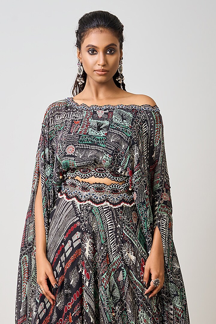 Black Crepe Printed & Hand Embroidered Wedding Lehenga Set by Nupur Kanoi at Pernia's Pop Up Shop