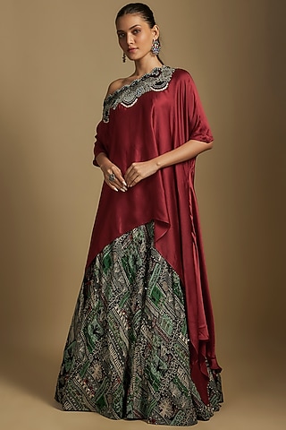 Black Crepe Hand Embroidered & Printed Lehenga Set by Nupur Kanoi